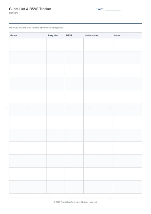 Free printable guest list and RSVP tracker (12 rows), PDF download