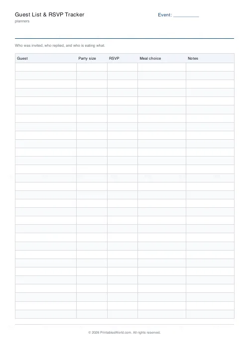 Free printable guest list and RSVP tracker (30 rows), PDF download