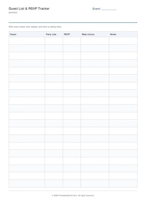 Free printable guest list and RSVP tracker (No name and date band), PDF download
