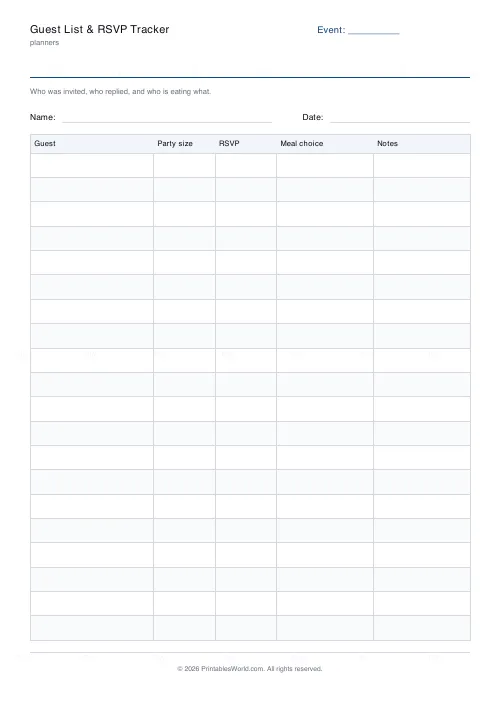 Free printable guest list and RSVP tracker (With a name and date band), PDF download