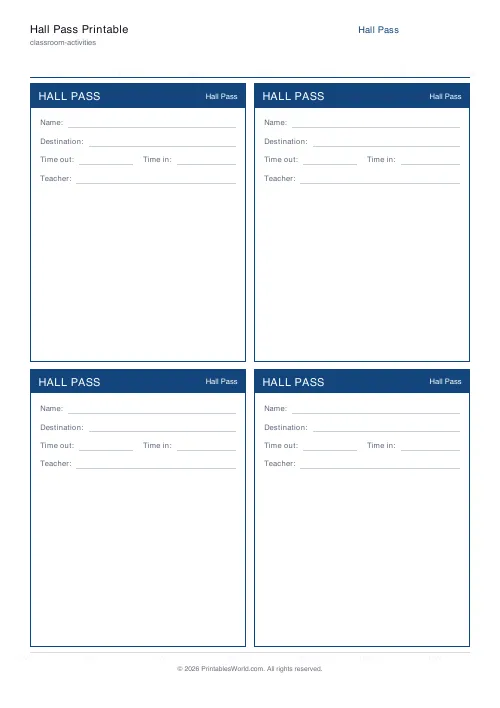 Free printable hall pass tickets — 4 per page — PDF download