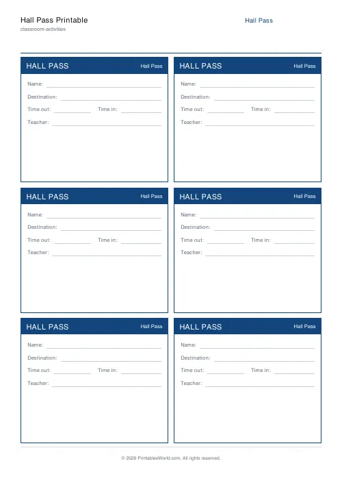 Free printable hall pass tickets — 6 per page — PDF download