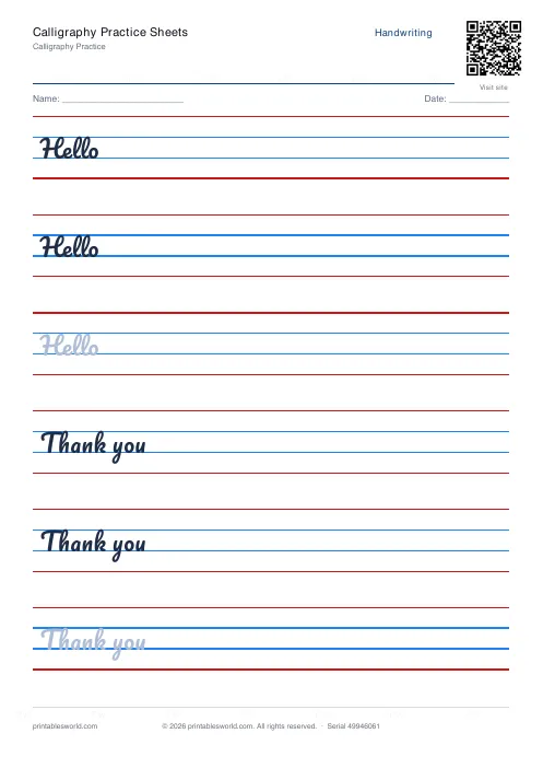 Free printable calligraphy Practice Sheets PDF — sheet 1