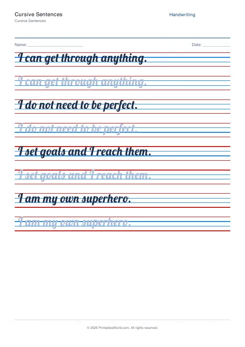 Free printable handwriting practice — Lobster (cursive) — PDF download