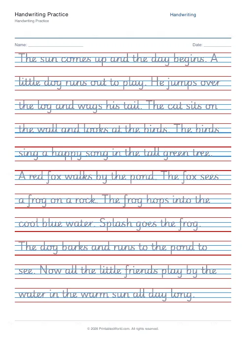 Free printable cursive handwriting practice PDF, UK continuous cursive story tracing on ruled lines