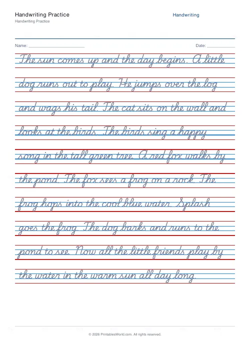 Free printable cursive handwriting practice PDF, connected US school cursive story tracing on ruled lines