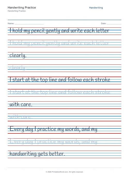 Free printable handwriting practice — Handlee — PDF download