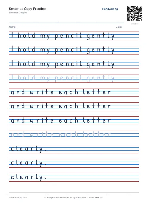 Free printable sentence Copy Practice PDF — sheet 1