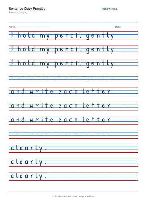 Free printable handwriting practice (Dotted trace), PDF download
