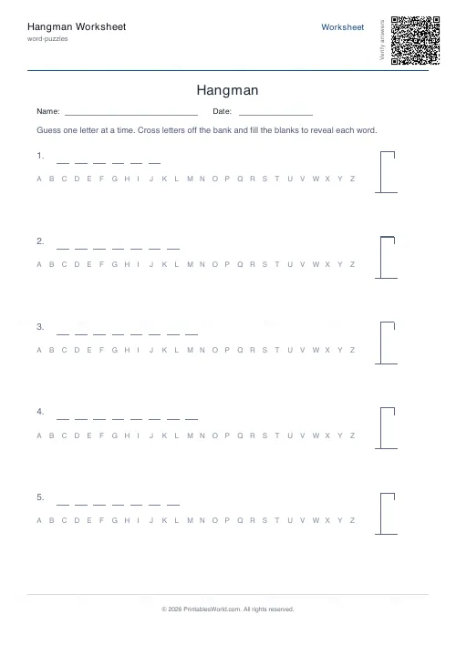 Free printable hangman game worksheet (6 words), PDF download