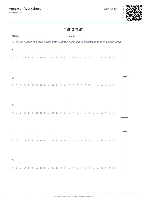 Free printable hangman game worksheet (12 words, with answer key), PDF download