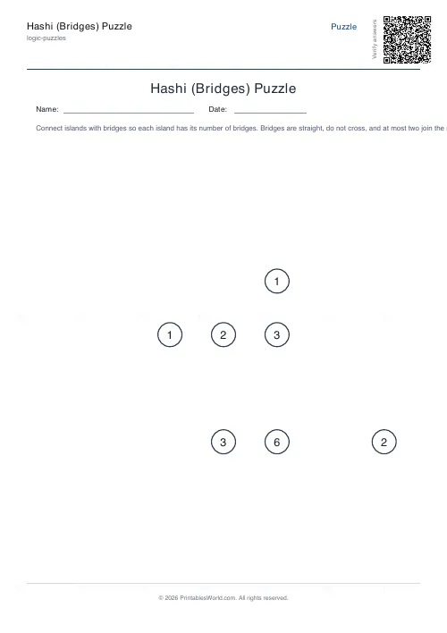 Free printable hashi bridges puzzle (Easy), PDF download