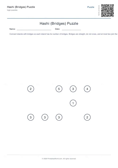Free printable hashi bridges puzzle (7x7, with answer key), PDF download
