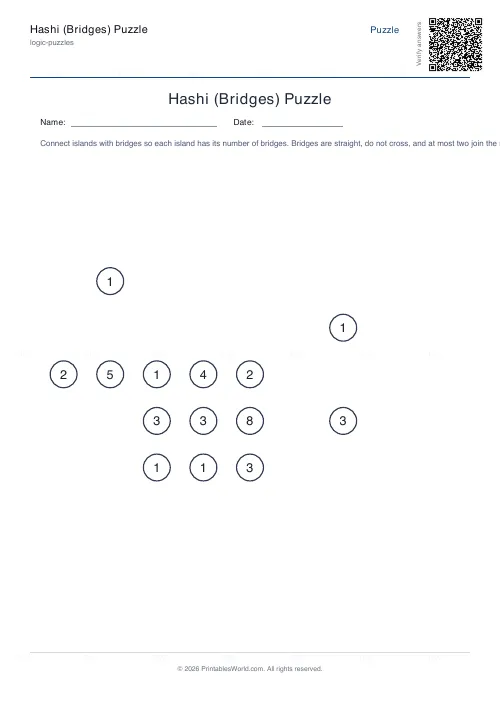 Free printable hashi bridges puzzle (9x9, with answer key), PDF download