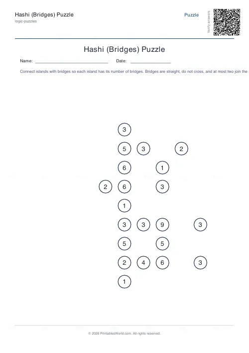 Free printable hashi bridges puzzle (11x11, with answer key), PDF download