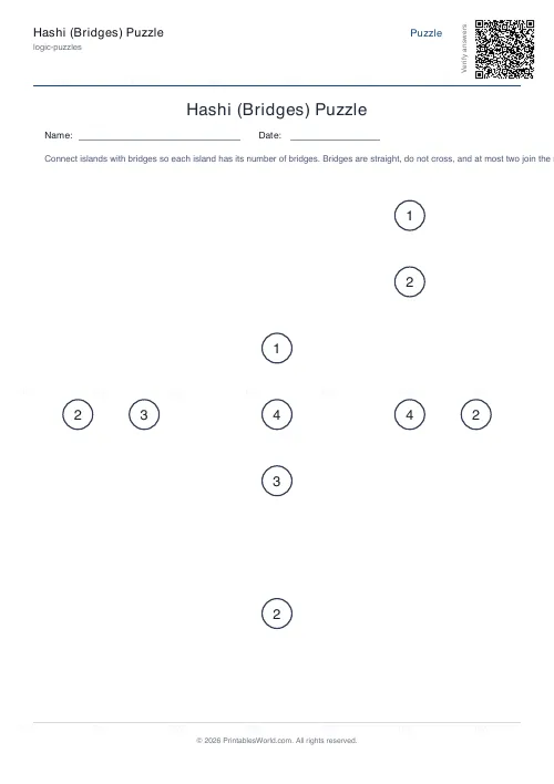 Free printable hashi bridges puzzle (Hard), PDF download