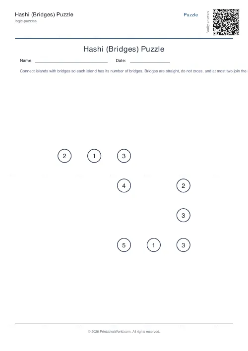 Free printable hashi bridges puzzle (7x7), PDF download