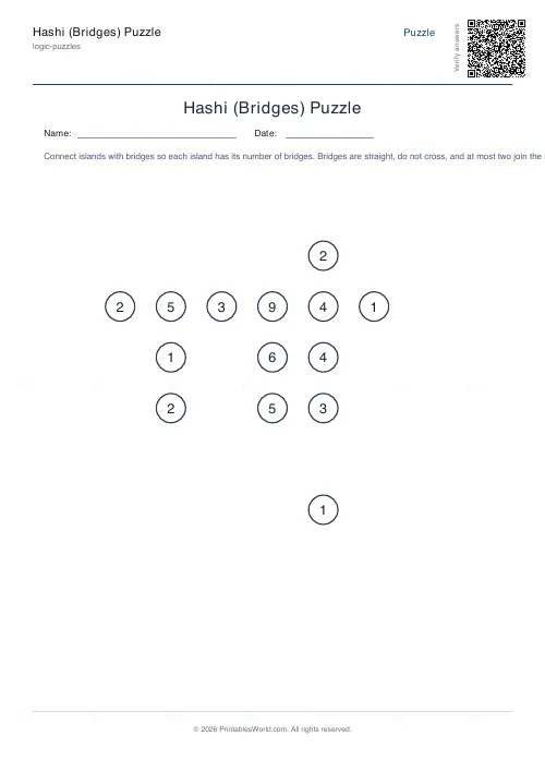 Free printable hashi bridges puzzle (9x9), PDF download