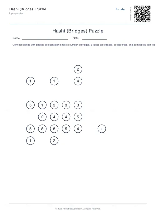 Free printable hashi bridges puzzle (11x11), PDF download