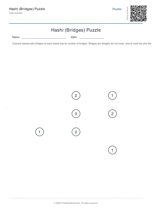 Free printable hashi bridges puzzle (Easy, with answer key), PDF download