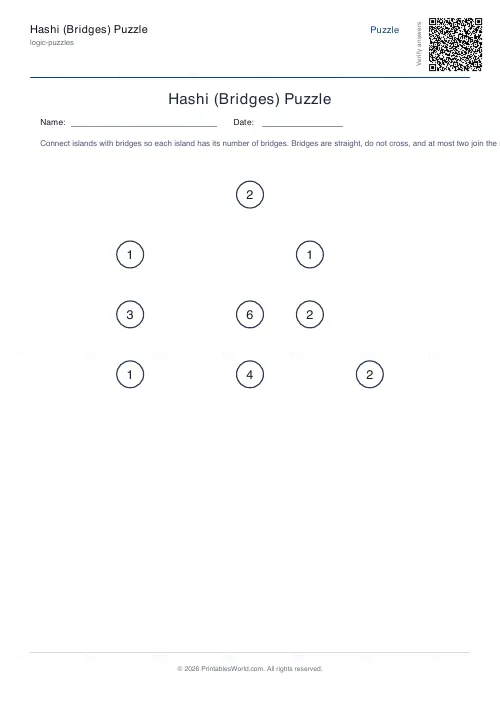 Free printable hashi bridges puzzle (Medium, with answer key), PDF download
