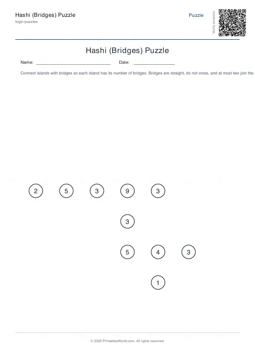 Free printable hashi bridges puzzle (Hard, with answer key), PDF download
