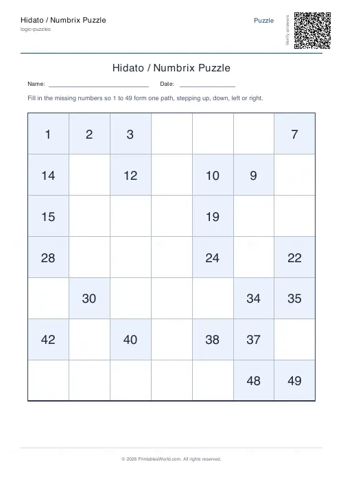 Free printable hidato puzzle (Easy), PDF download