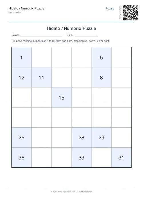 Free printable hidato puzzle (6x6, with answer key), PDF download
