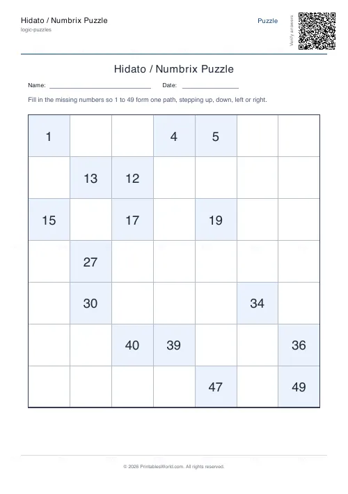 Free printable hidato puzzle (7x7, with answer key), PDF download