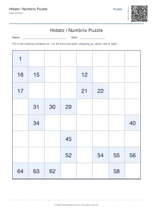 Free printable hidato puzzle (8x8, with answer key), PDF download