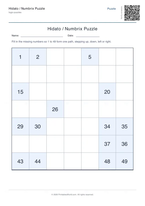 Free printable hidato puzzle (Medium), PDF download