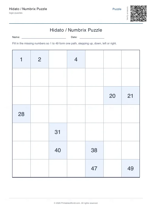 Free printable hidato puzzle (Hard), PDF download