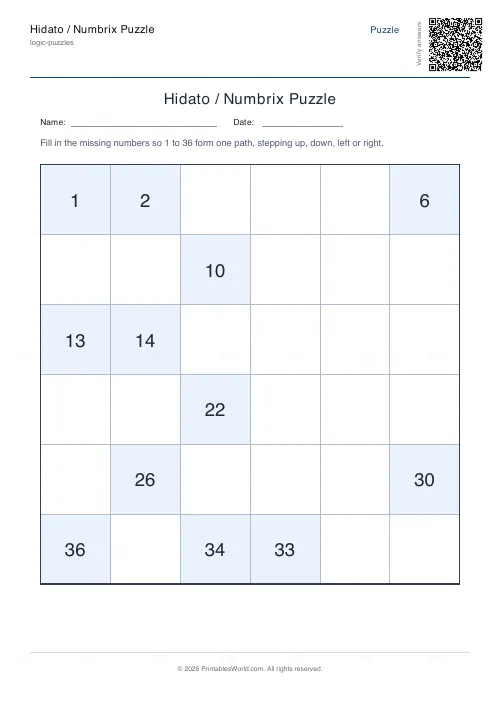 Free printable hidato puzzle (6x6), PDF download