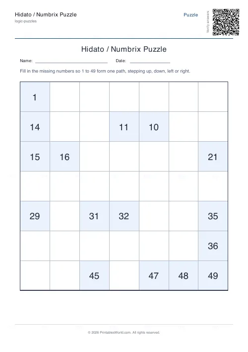 Free printable hidato puzzle (7x7), PDF download