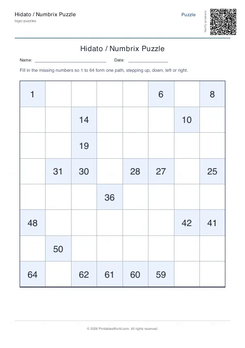 Free printable hidato puzzle (8x8), PDF download