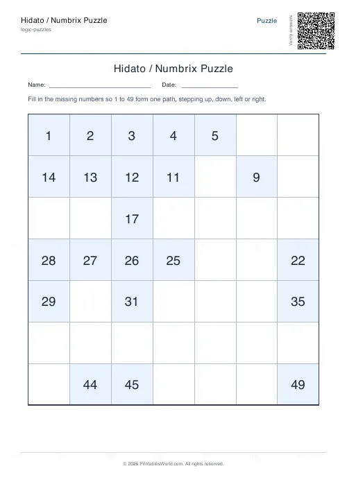 Free printable hidato puzzle (Easy, with answer key), PDF download