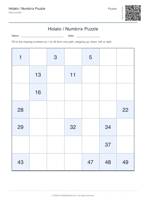 Free printable hidato puzzle (Medium, with answer key), PDF download