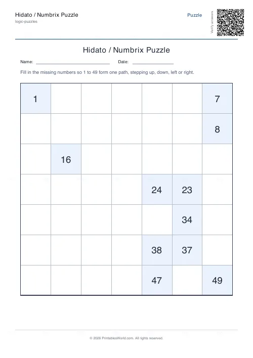 Free printable hidato puzzle (Hard, with answer key), PDF download