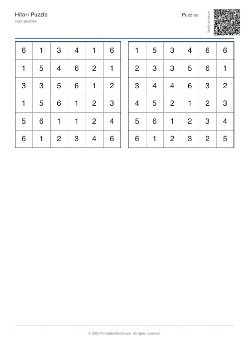 Free printable hitori puzzle — 6x6 — PDF download
