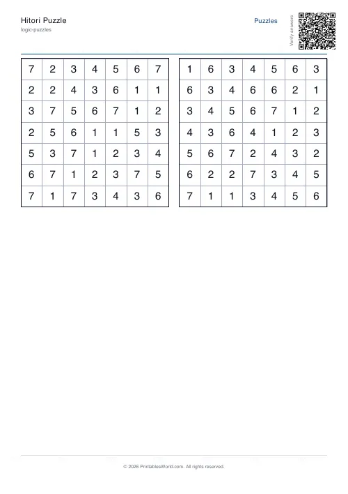 Free printable hitori puzzle — 7x7 — PDF download