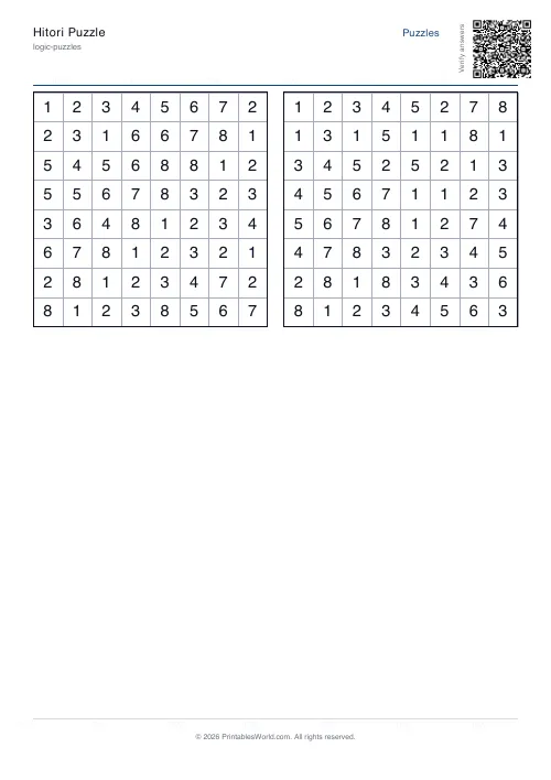 Free printable hitori puzzle — 8x8 — PDF download