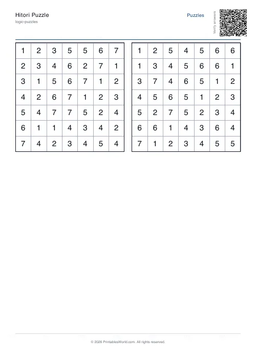 Free printable hitori puzzle — 7x7, with answer key — PDF download