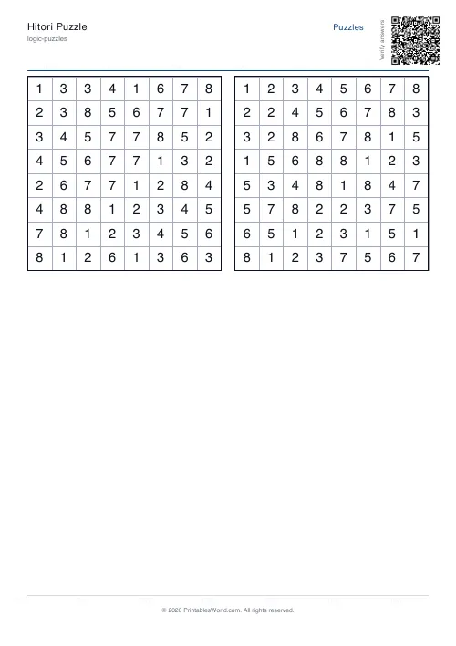Free printable hitori puzzle — 8x8, with answer key — PDF download