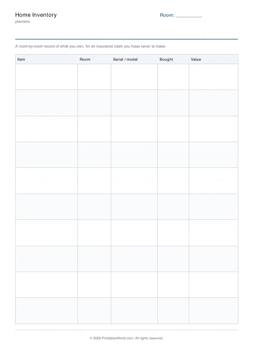 Free printable home inventory sheet (10 rows), PDF download