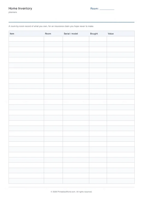 Free printable home inventory sheet (28 rows), PDF download