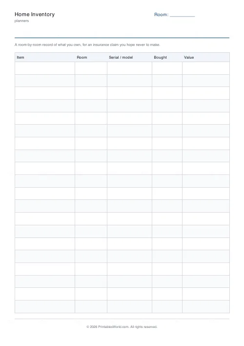 Free printable home inventory sheet (No name and date band), PDF download