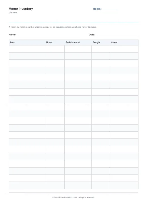 Free printable home inventory sheet (With a name and date band), PDF download