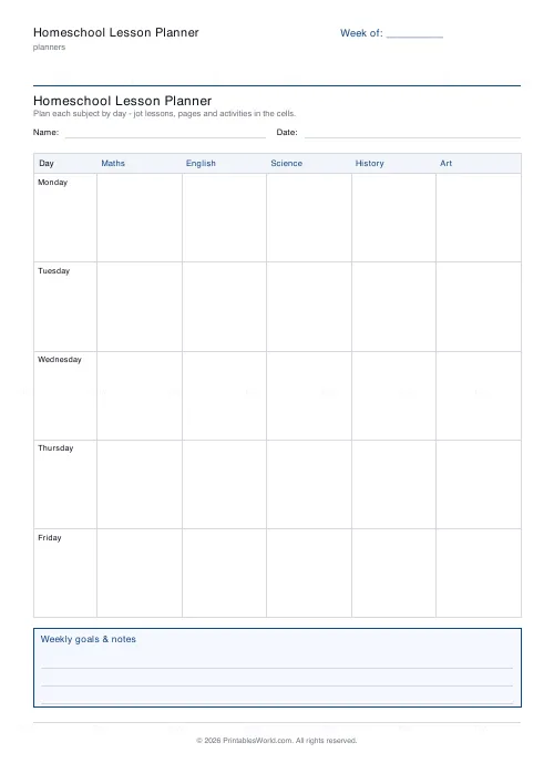 Free printable homeschool lesson planner (5 days), PDF download