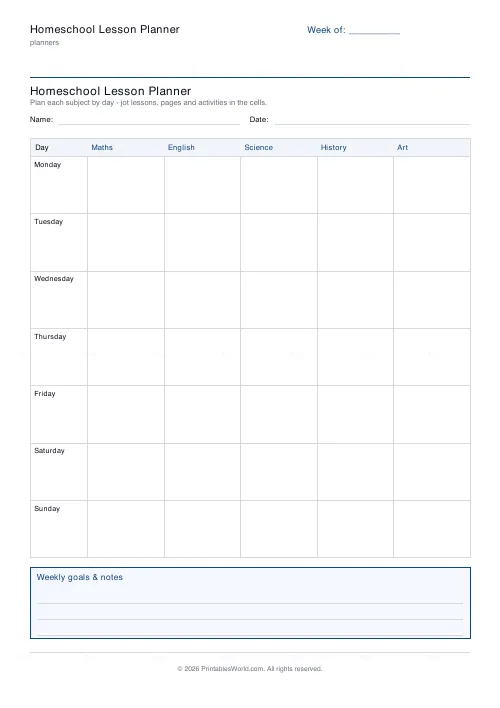 Free printable homeschool lesson planner (7 days), PDF download