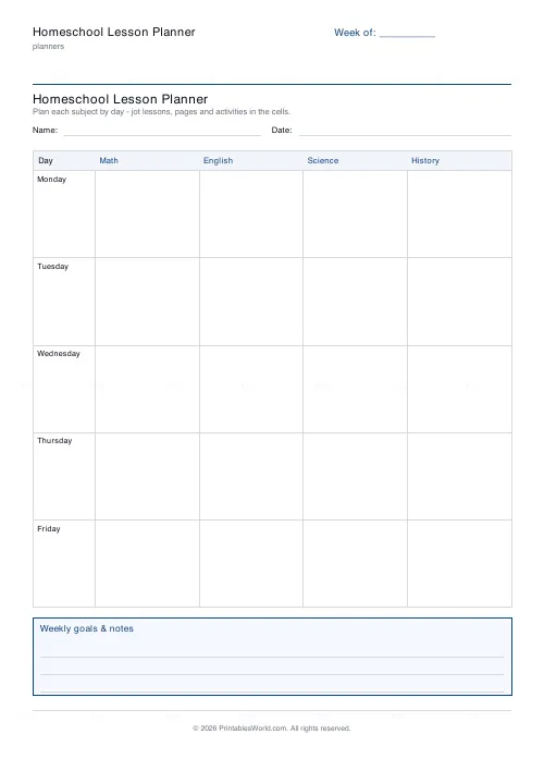 Free printable homeschool lesson planner (Core subjects), PDF download